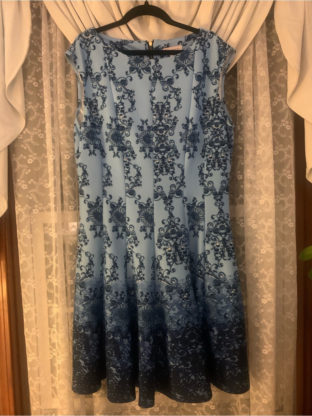 dressbarn Blue and Navy Patterned Midi Dress
